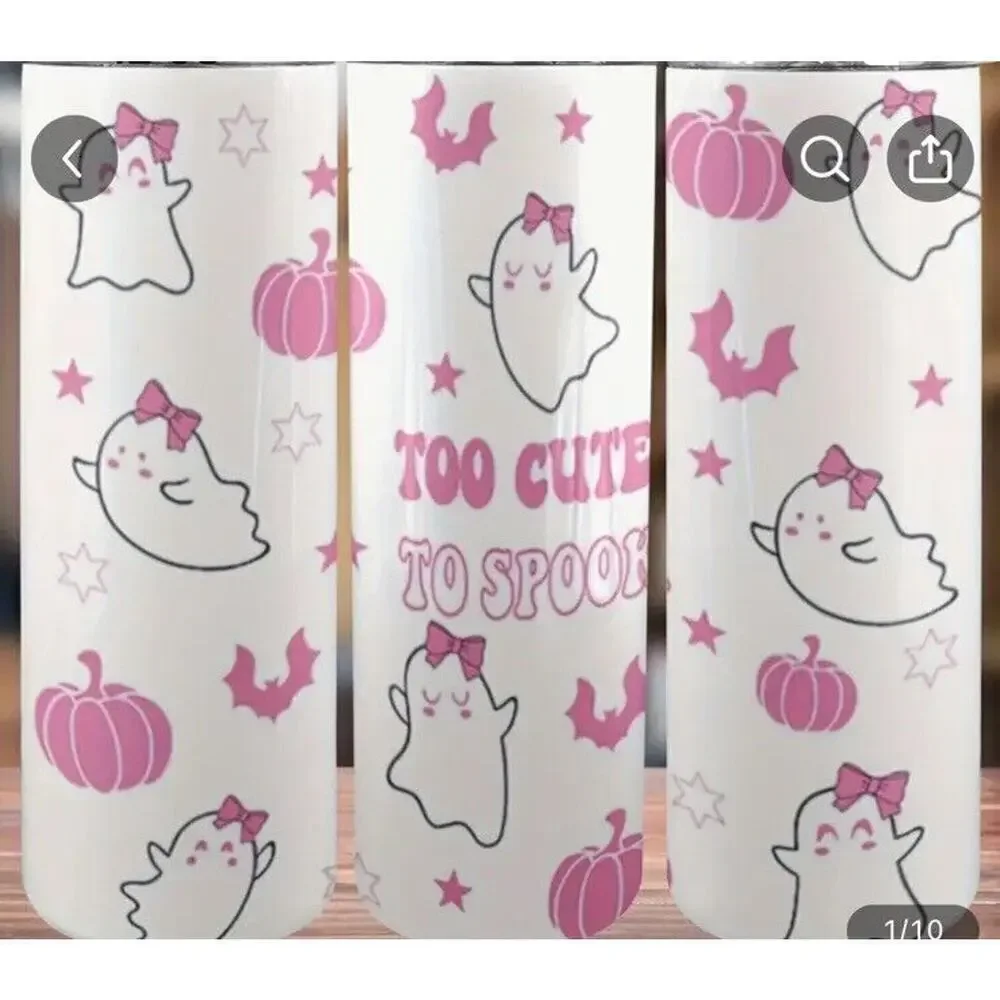 Too‎ Cute To Spook 20oz Spooky Pink Ghosts Pumpkins BatsTumbler Lid StrawCleaner